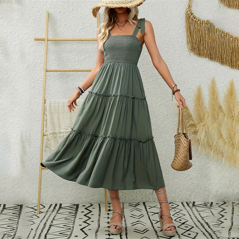 CM | Elegante vestido largo plisado sin espalda con volantes para mujer