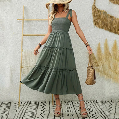 CM | Elegante vestido largo plisado sin espalda con volantes para mujer
