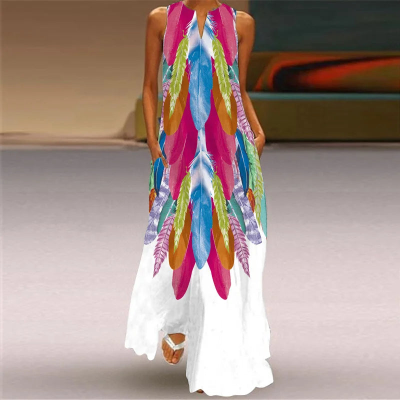 CM | Fresco Estampado Floral Verano Cuello Abierto Vestido Largo Cuello en V Vestido de Playa sin Mangas con Bolsillos