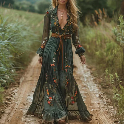 CM | Maxi Vestido de Mujer - Boho Estampado Floral - Ajuste Fluido - Mangas Largas - Falda con Vuelos
