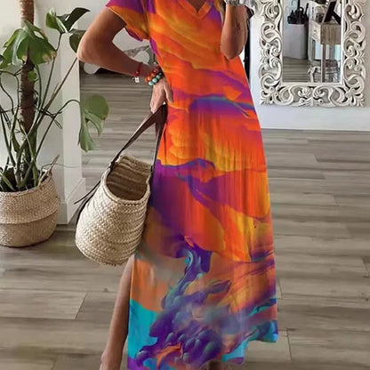CM | Chic T-Shirt Estilo Impreso Maxi Vestido Mujeres Cuello Redondo Casual Verano Vestido de Vacaciones