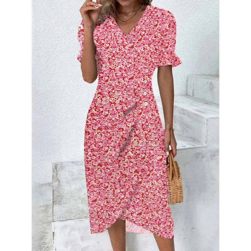 CM | Elegante vestido midi plisado floral con mangas abullonadas y escote en V