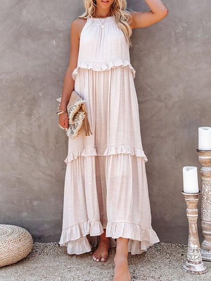 CM | Maxivestido de mujer - Corte relajado - Cuello halter - Detalle de volantes - Fibras naturales