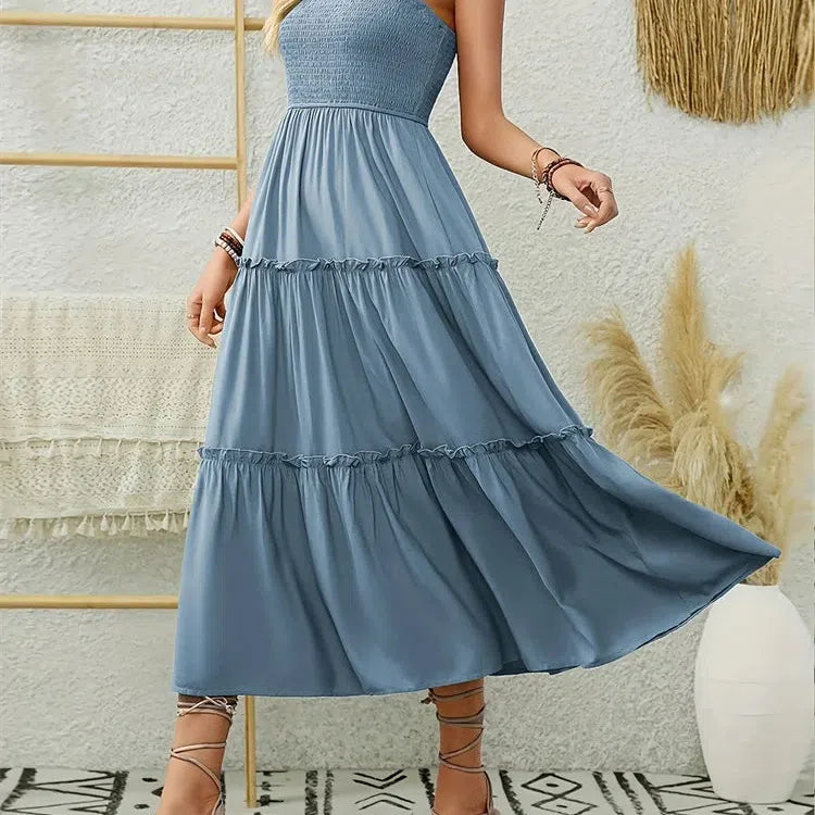 CM | Elegante vestido largo plisado sin espalda con volantes para mujer