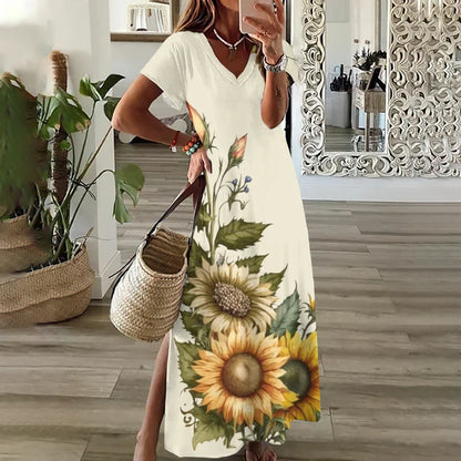 CM | Girasol Impresión Floral Gráfico Vestidos para Mujeres Plus Size Elegante Vestido Midi