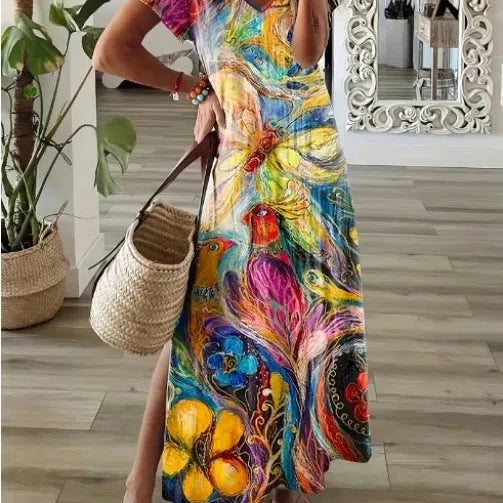 CM | Chic T-Shirt Estilo Impreso Maxi Vestido Mujeres Cuello Redondo Casual Verano Vestido de Vacaciones