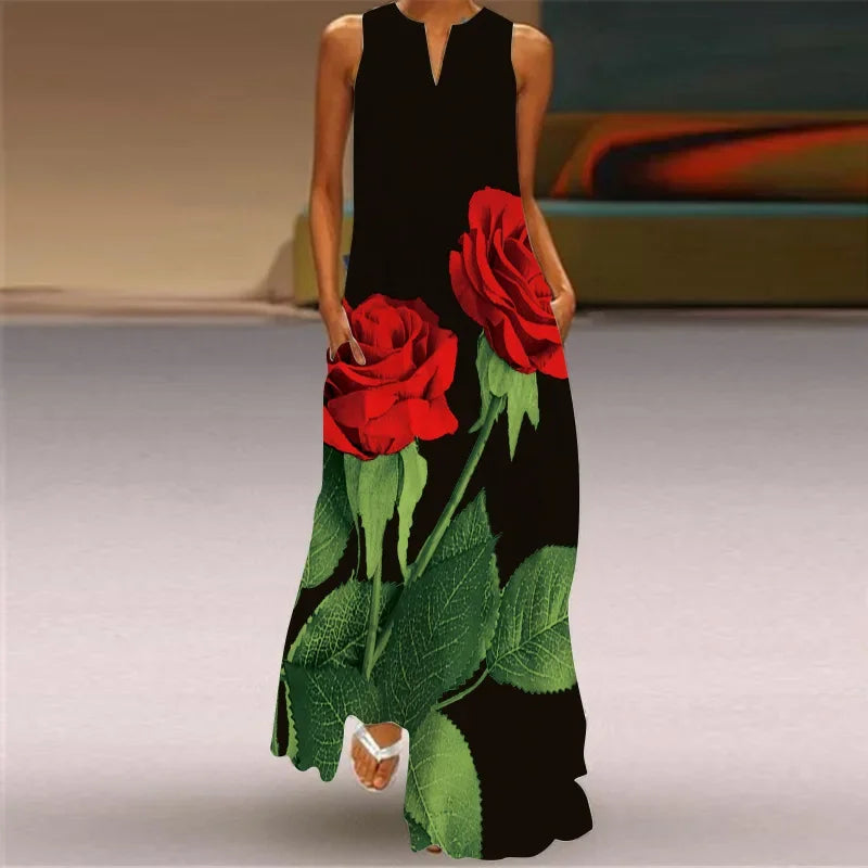 CM | Fresco Estampado Floral Verano Cuello Abierto Vestido Largo Cuello en V Vestido de Playa sin Mangas con Bolsillos