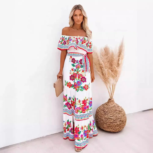 CM | Primavera Verano Vestido maxi sin hombros con estampado floral rojo Sin mangas Ajuste holgado Dobladillo ancho para fiestas y ropa casual