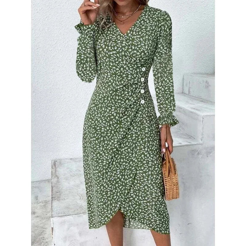 CM | Elegante vestido midi plisado floral con mangas abullonadas y escote en V