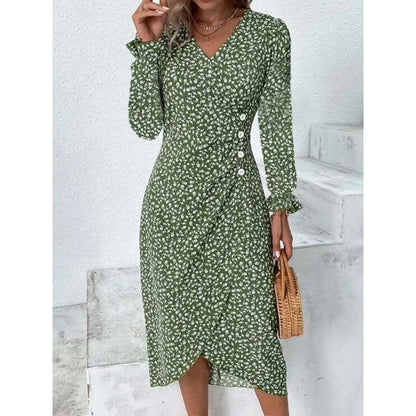 CM | Elegante vestido midi plisado floral con mangas abullonadas y escote en V