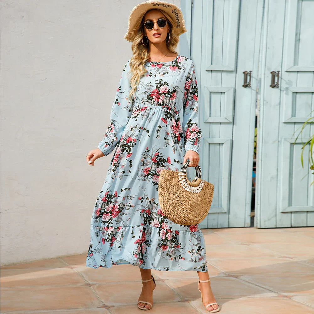 CM | Verano Bohemio Maxi Vestido Manga Larga Cintura Alta Floral Gasa