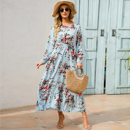 CM | Verano Bohemio Maxi Vestido Manga Larga Cintura Alta Floral Gasa