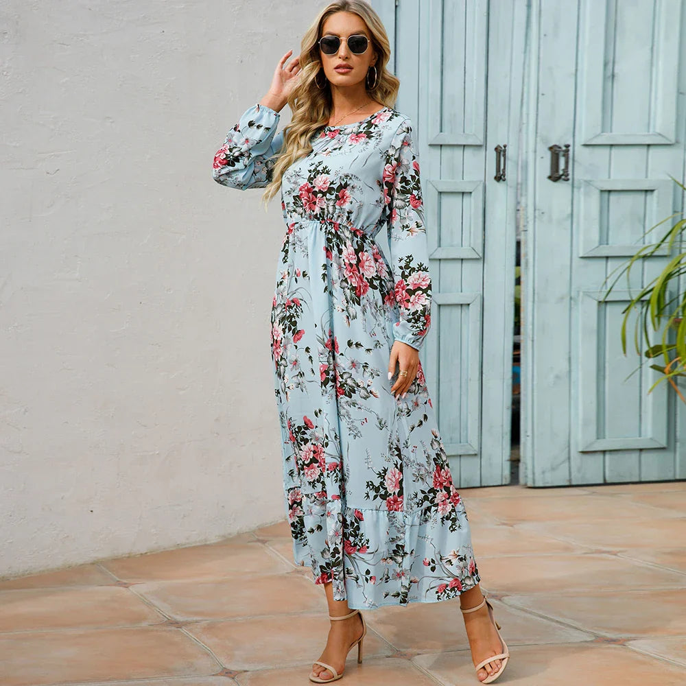 CM | Verano Bohemio Maxi Vestido Manga Larga Cintura Alta Floral Gasa