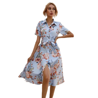 CM | Primavera Verano Mujer Estampado Floral Vestido Midi con Mangas Cortas y Vuelta Cuello Abajo para Fiesta Casual y Salir de Fiesta