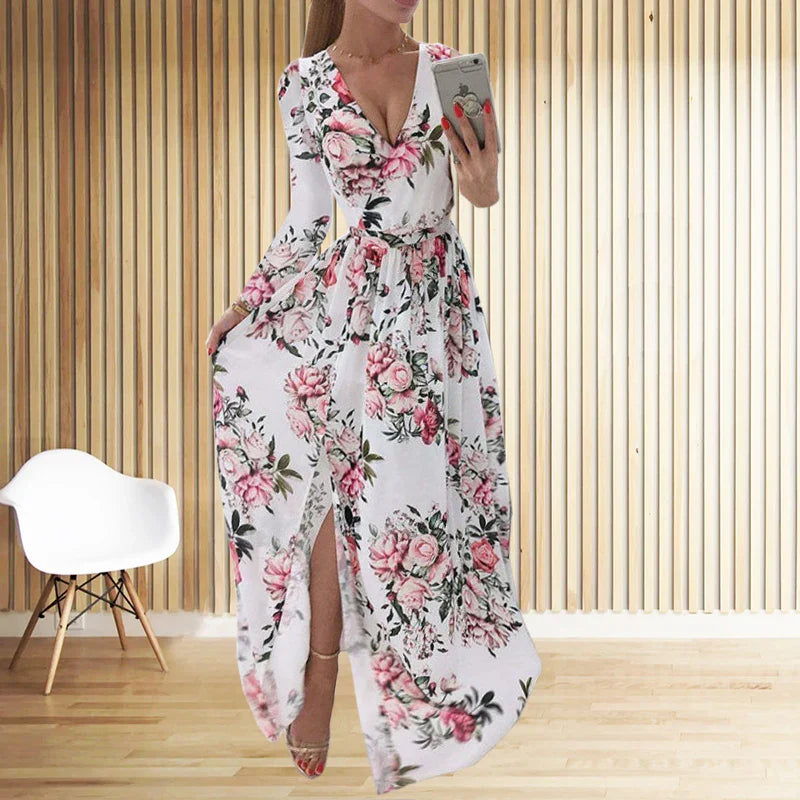 CM | Amazon eBay Cross Border Verano Gasa Impreso Vestido Largo Cuello en V Manga Larga Estilo Split para Mujer