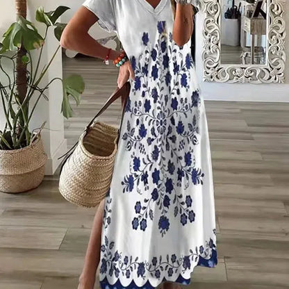 CM | Chic T-Shirt Estilo Impreso Maxi Vestido Mujeres Cuello Redondo Casual Verano Vestido de Vacaciones