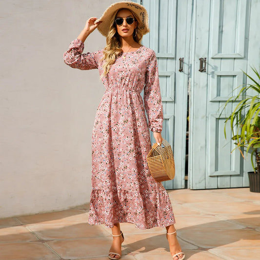 CM | Verano Bohemio Maxi Vestido Manga Larga Cintura Alta Floral Gasa