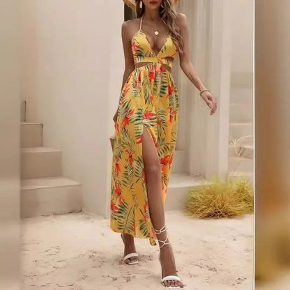 CM | verano las mujeres bohemio impreso maxi vestido con lazo partido sin espalda elegante vestido de fiesta de playa para las mujeres