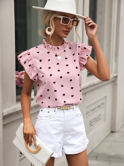 CM | Casual Blusa Blusa de verano de manga corta con estampado de corazones