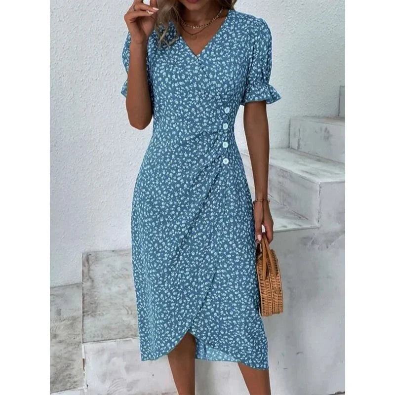 CM | Elegante vestido midi plisado floral con mangas abullonadas y escote en V