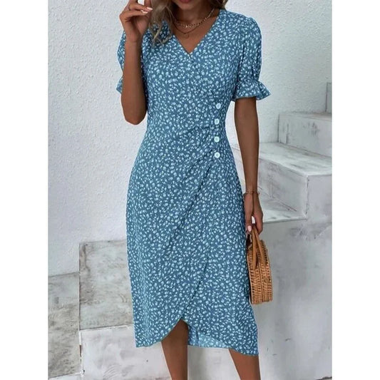 CM | Elegante vestido midi plisado floral con mangas abullonadas y escote en V