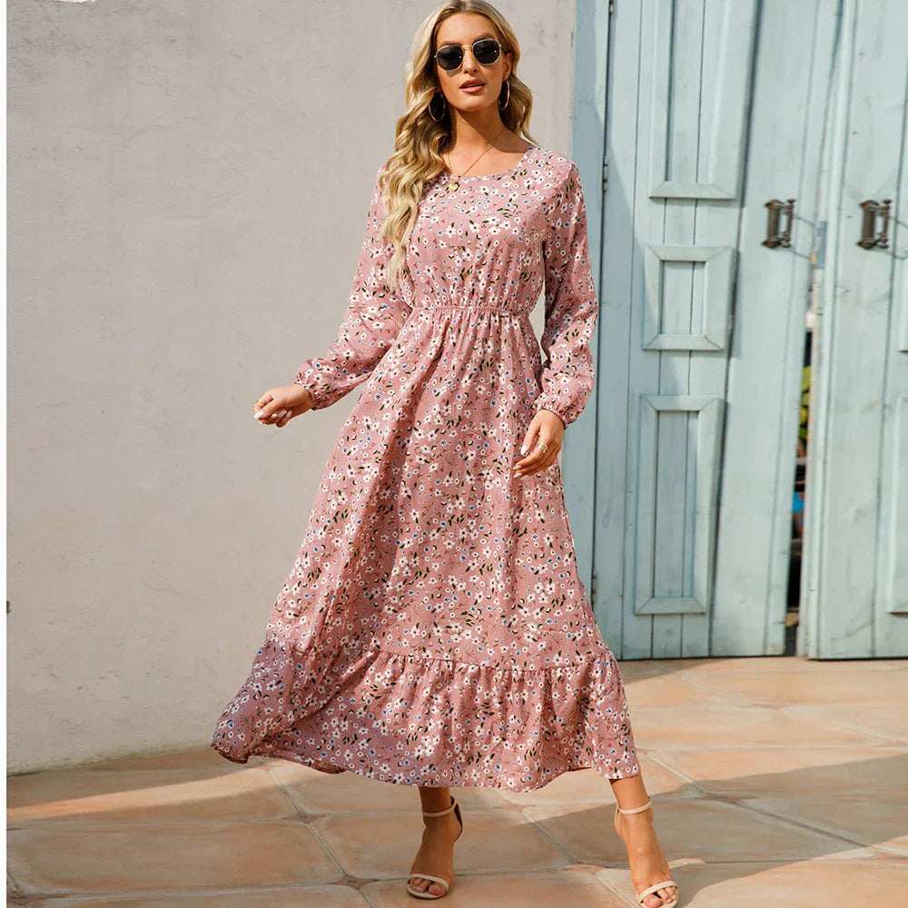 CM | Verano Bohemio Maxi Vestido Manga Larga Cintura Alta Floral Gasa
