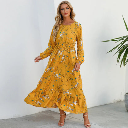 CM | Verano Bohemio Maxi Vestido Manga Larga Cintura Alta Floral Gasa