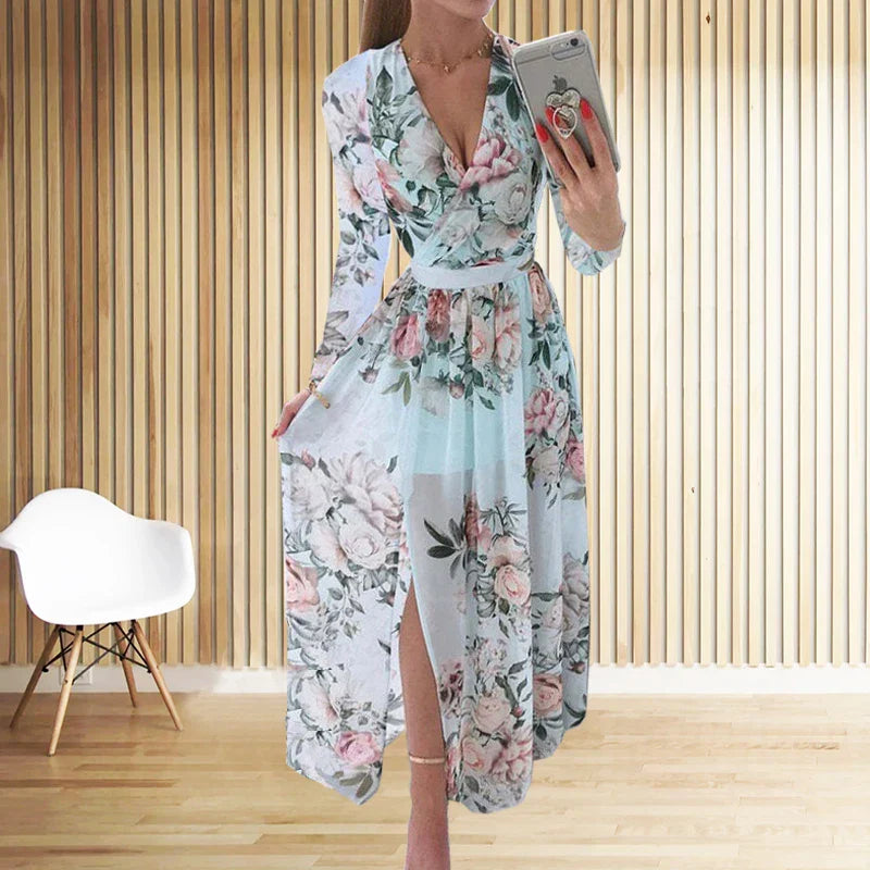 CM | Amazon eBay Cross Border Verano Gasa Impreso Vestido Largo Cuello en V Manga Larga Estilo Split para Mujer
