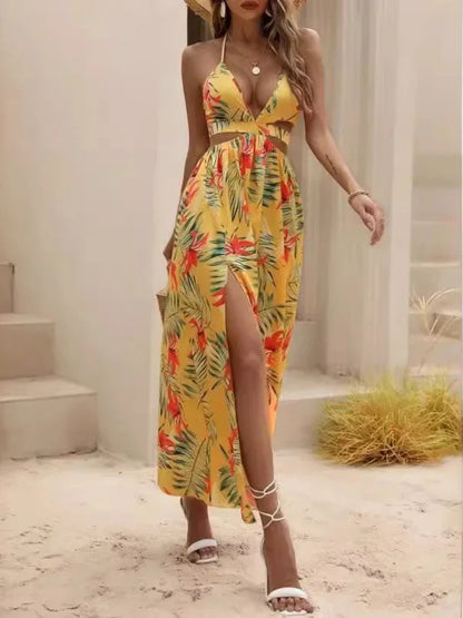 CM | verano las mujeres bohemio impreso maxi vestido con lazo partido sin espalda elegante vestido de fiesta de playa para las mujeres