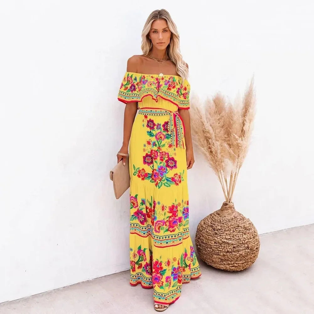 CM | Primavera Verano Vestido maxi sin hombros con estampado floral rojo Sin mangas Ajuste holgado Dobladillo ancho para fiestas y ropa casual