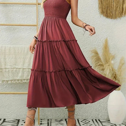CM | Elegante vestido largo plisado sin espalda con volantes para mujer