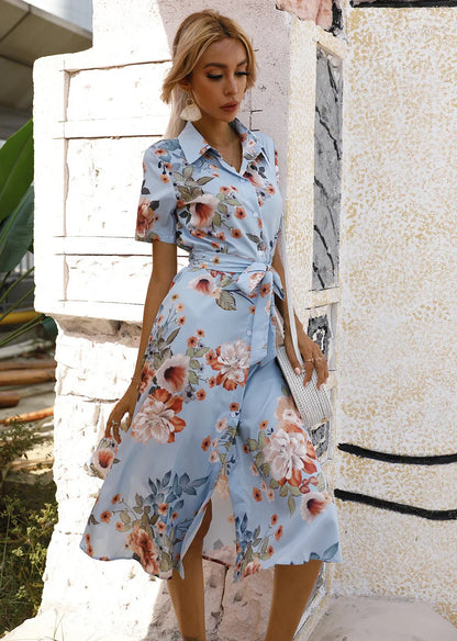 CM | Primavera Verano Mujer Estampado Floral Vestido Midi con Mangas Cortas y Vuelta Cuello Abajo para Fiesta Casual y Salir de Fiesta