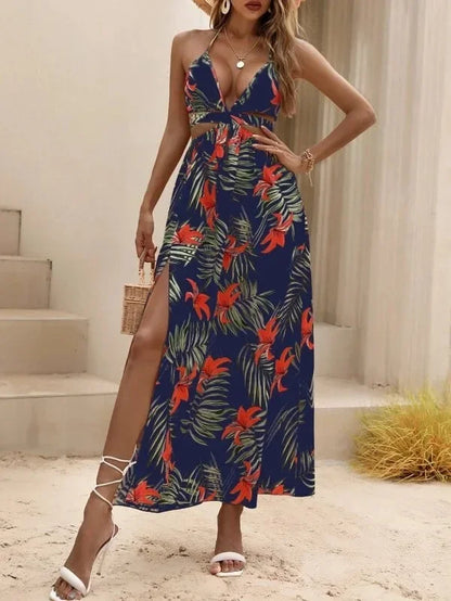 CM | verano las mujeres bohemio impreso maxi vestido con lazo partido sin espalda elegante vestido de fiesta de playa para las mujeres