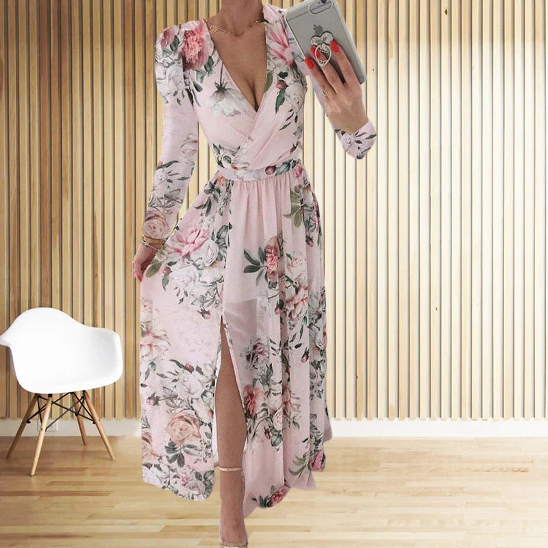 CM | Amazon eBay Cross Border Verano Gasa Impreso Vestido Largo Cuello en V Manga Larga Estilo Split para Mujer