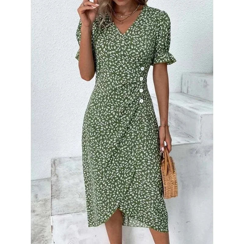 CM | Elegante vestido midi plisado floral con mangas abullonadas y escote en V