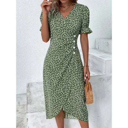CM | Elegante vestido midi plisado floral con mangas abullonadas y escote en V
