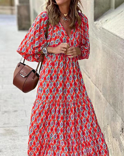 CM | Transpirable manga linterna Floral Imprimir Vestido Largo Suelto Cuello en V Moda Verano Vestido de Playa