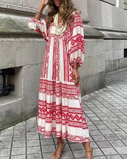 CM | Transpirable manga linterna Floral Imprimir Vestido Largo Suelto Cuello en V Moda Verano Vestido de Playa