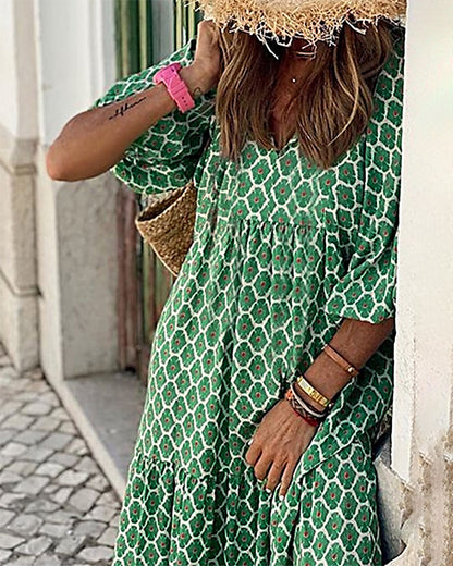 CM | Transpirable manga linterna Floral Imprimir Vestido Largo Suelto Cuello en V Moda Verano Vestido de Playa