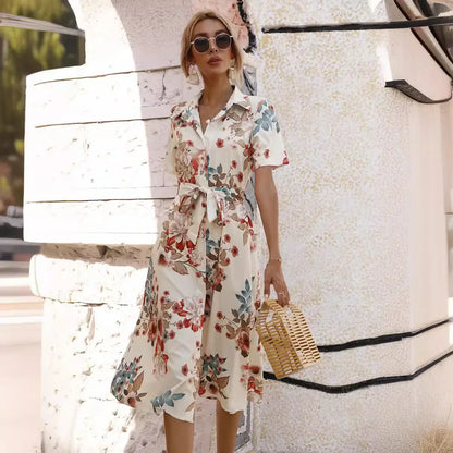 CM | Primavera Verano Mujer Estampado Floral Vestido Midi con Mangas Cortas y Vuelta Cuello Abajo para Fiesta Casual y Salir de Fiesta