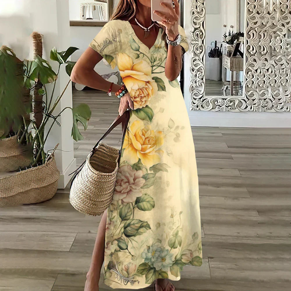 CM | Girasol Impresión Floral Gráfico Vestidos para Mujeres Plus Size Elegante Vestido Midi