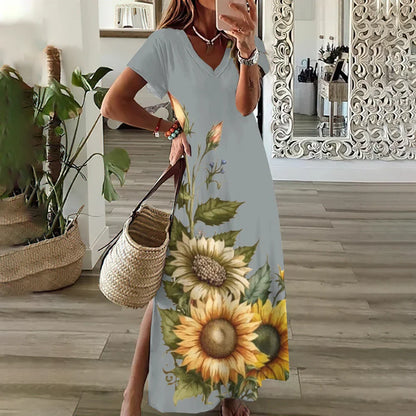CM | Girasol Impresión Floral Gráfico Vestidos para Mujeres Plus Size Elegante Vestido Midi