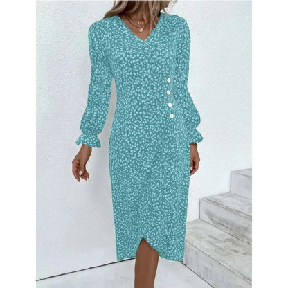 CM | Elegante vestido midi plisado floral con mangas abullonadas y escote en V
