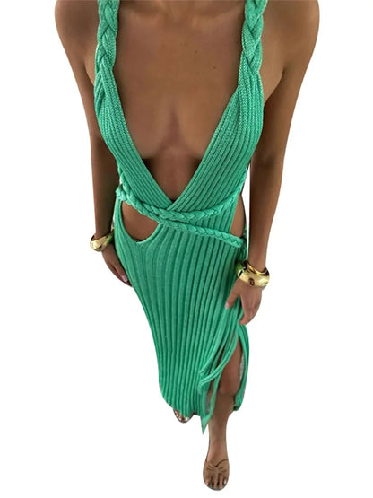CM | maxi vestido de punto verde de las señoras con el cuello en V backless de la raja alta para el partido de la playa del verano y salir