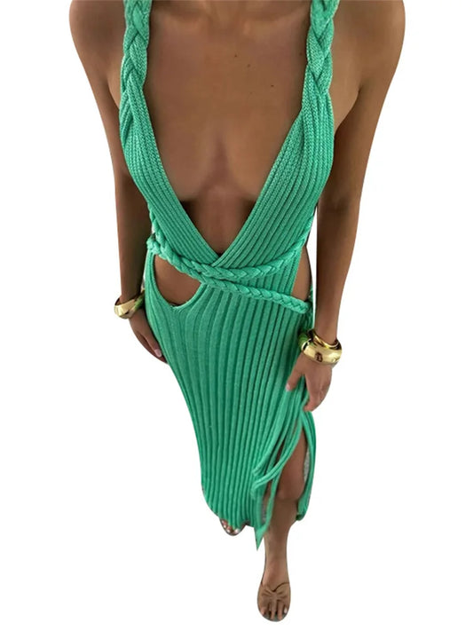 CM | maxi vestido de punto verde de las señoras con el cuello en V backless de la raja alta para el partido de la playa del verano y salir