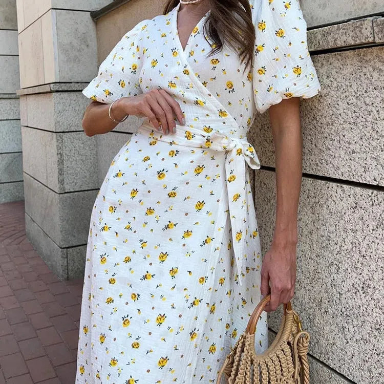 CM | Casual Ladies Summer Dresses 100% Algodón Estampado Floral A-Line Vestido Midi con Aberturas Laterales Elegante Vestido Largo Blanco