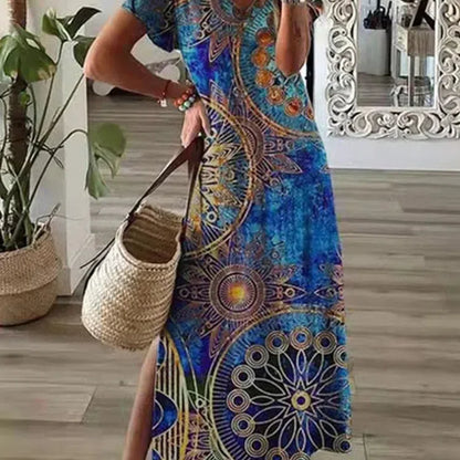 CM | Chic T-Shirt Estilo Impreso Maxi Vestido Mujeres Cuello Redondo Casual Verano Vestido de Vacaciones