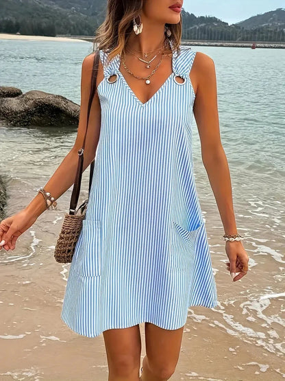 CM | Vestido corto de verano sin mangas con diseño de rayas