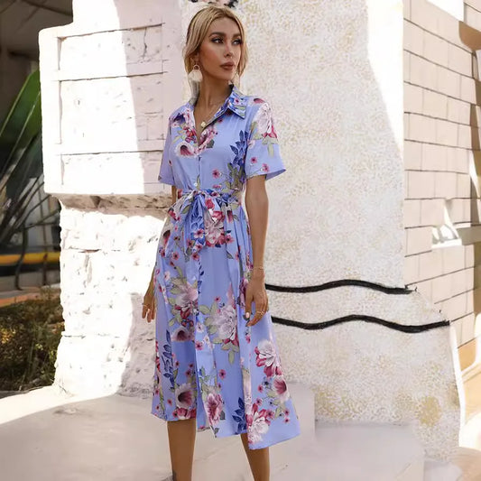 CM | Primavera Verano Mujer Estampado Floral Vestido Midi con Mangas Cortas y Vuelta Cuello Abajo para Fiesta Casual y Salir de Fiesta