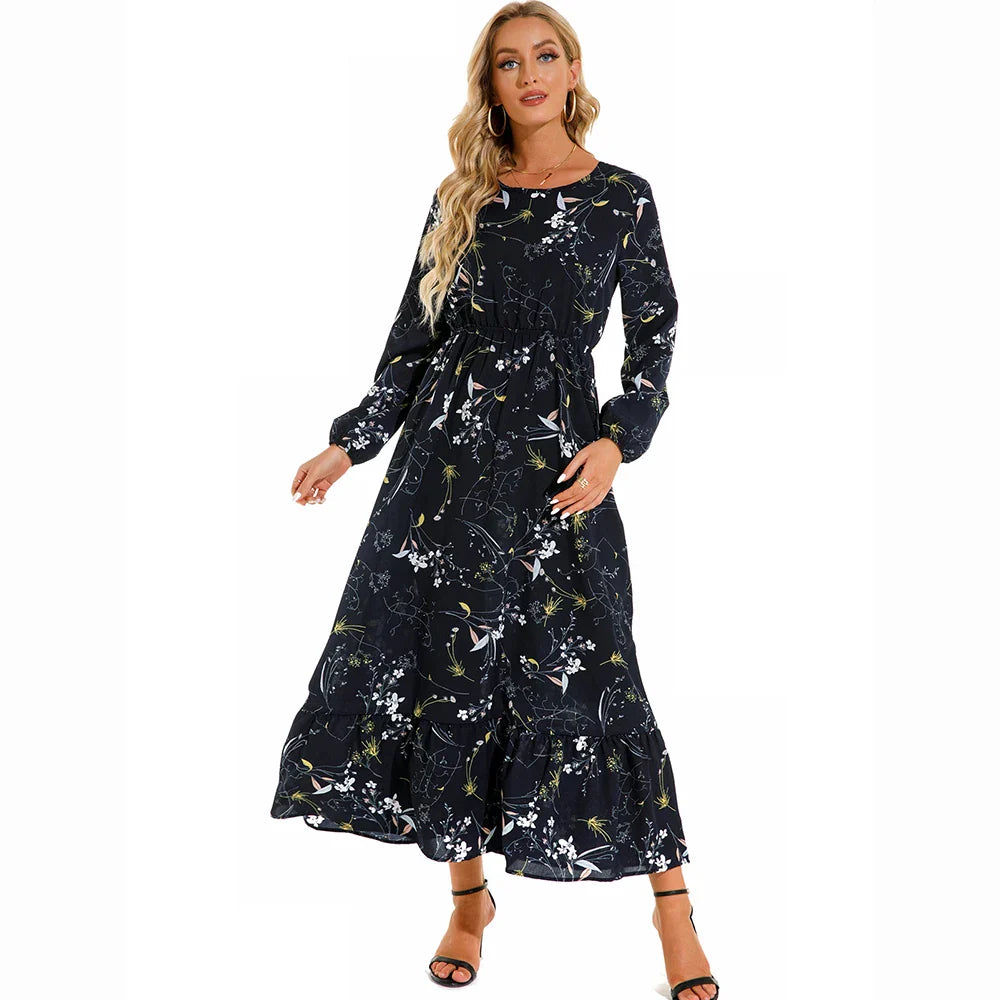 CM | Verano Bohemio Maxi Vestido Manga Larga Cintura Alta Floral Gasa
